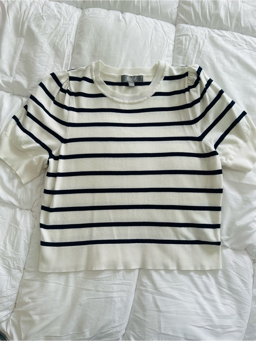 Marled Cream and Navy Striped Short Sleeve Knit Top